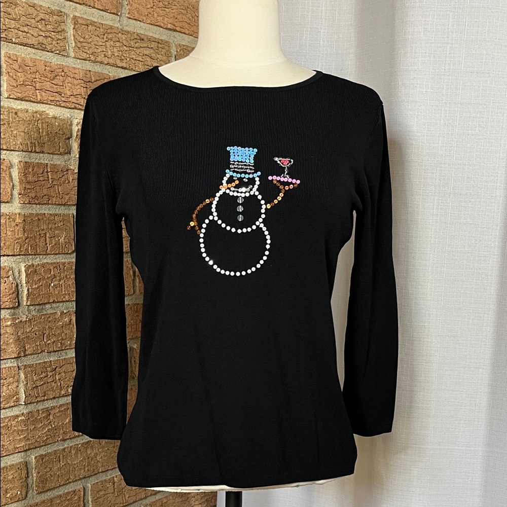 Studio Joy Black Sequin Snowman Martini Small Holiday Christmas Bling 3/4 Sleeve